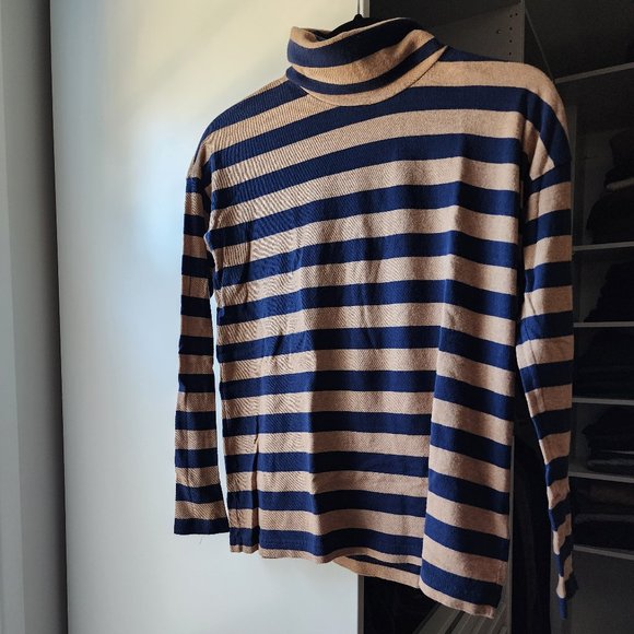 J. Crew Tops - J. CREW Blue and Beige Striped Turtleneck sz M